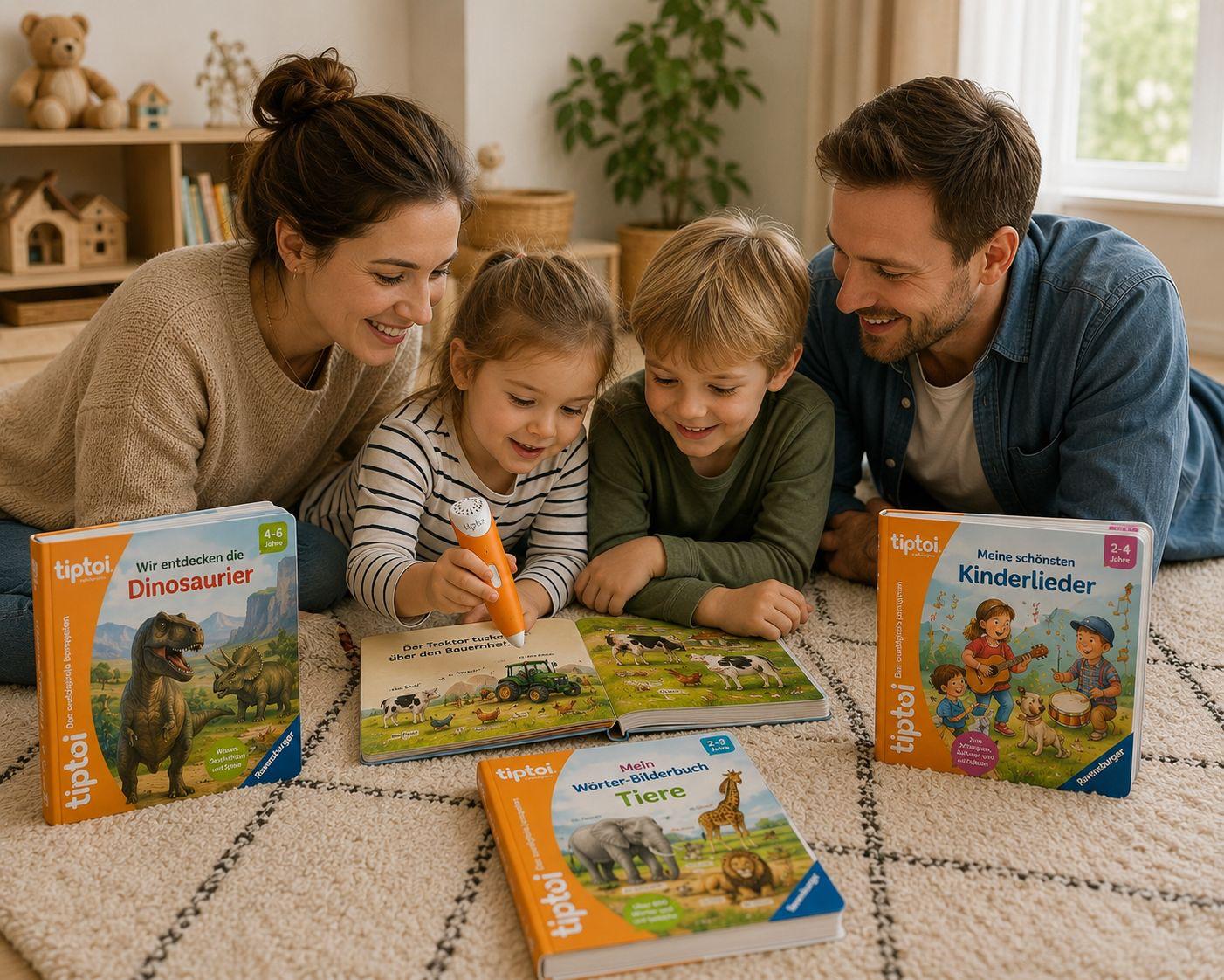 Familie mit tiptoi Büchern beim interaktiven lernen und spielen