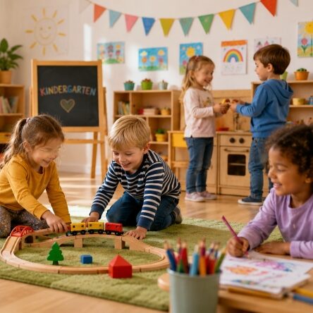 Spielende Kinder im Kindergarten und der Krippe für soziale Kompetenzen