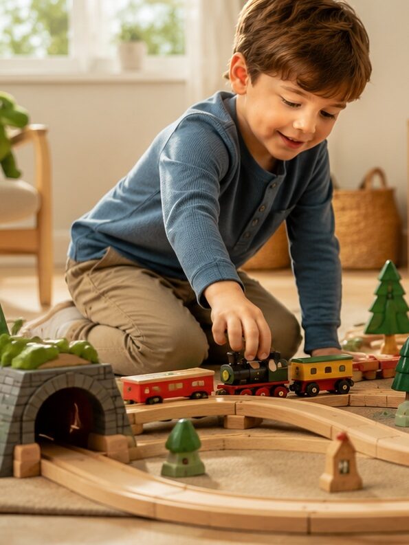 Junge beim Spielen mit einer Holzeisenbahn im Kinderzimmer